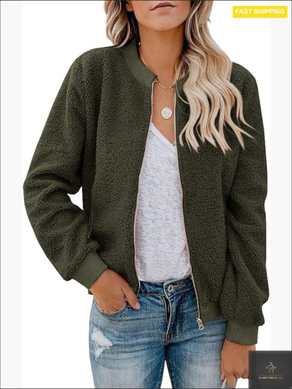 Faux Sherpa Bomber Jacket Fuzzy Fleece Winter Coat Casual Zip Up Pocket
